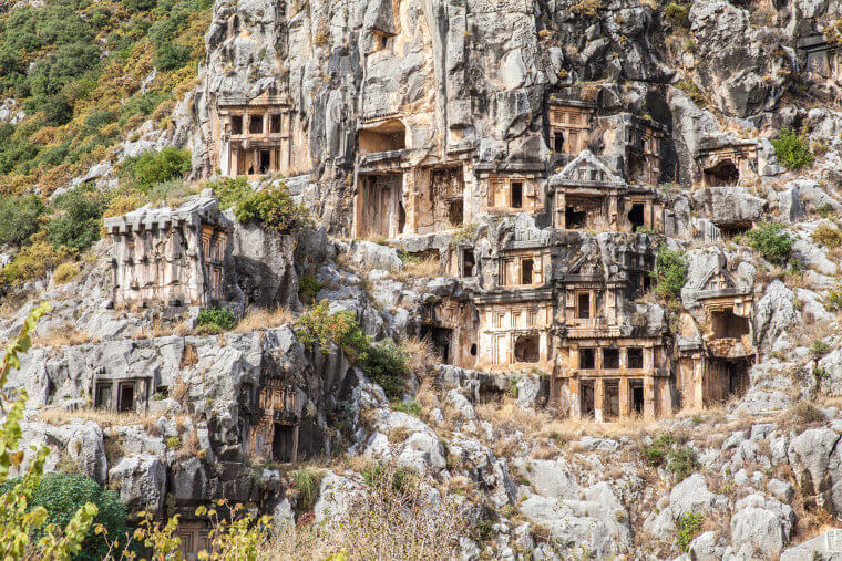 Ancient Tombs Carved Into Natural Rock Formations in Turkey