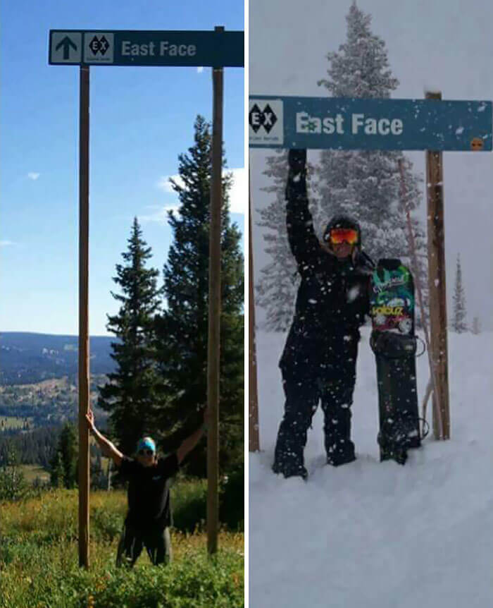 The Very Same Trail Sign In The Summer And Winter