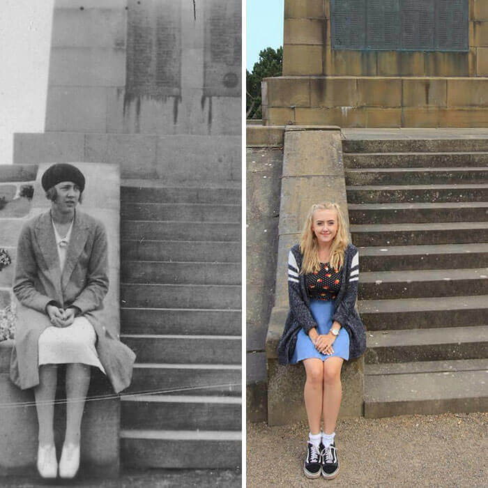 This Gal and Her Great Grandma In The Same Spot, But 89 Years Apart