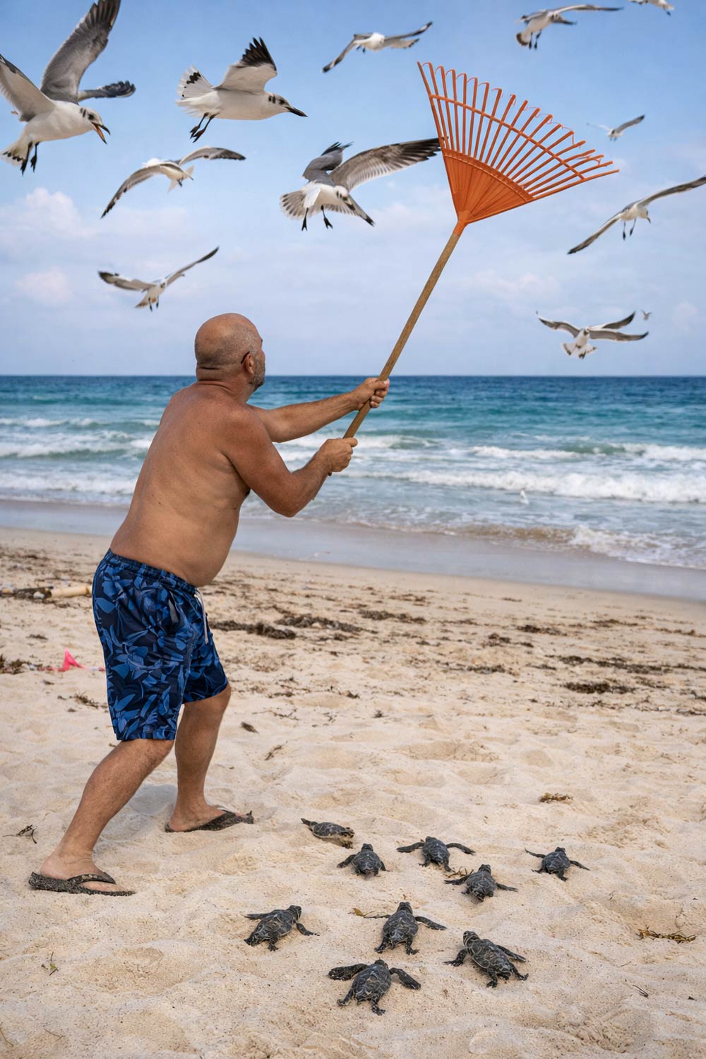 Beachgoer with Rake Protects Endangered Sea Turtle Hatchlings in Tulum
